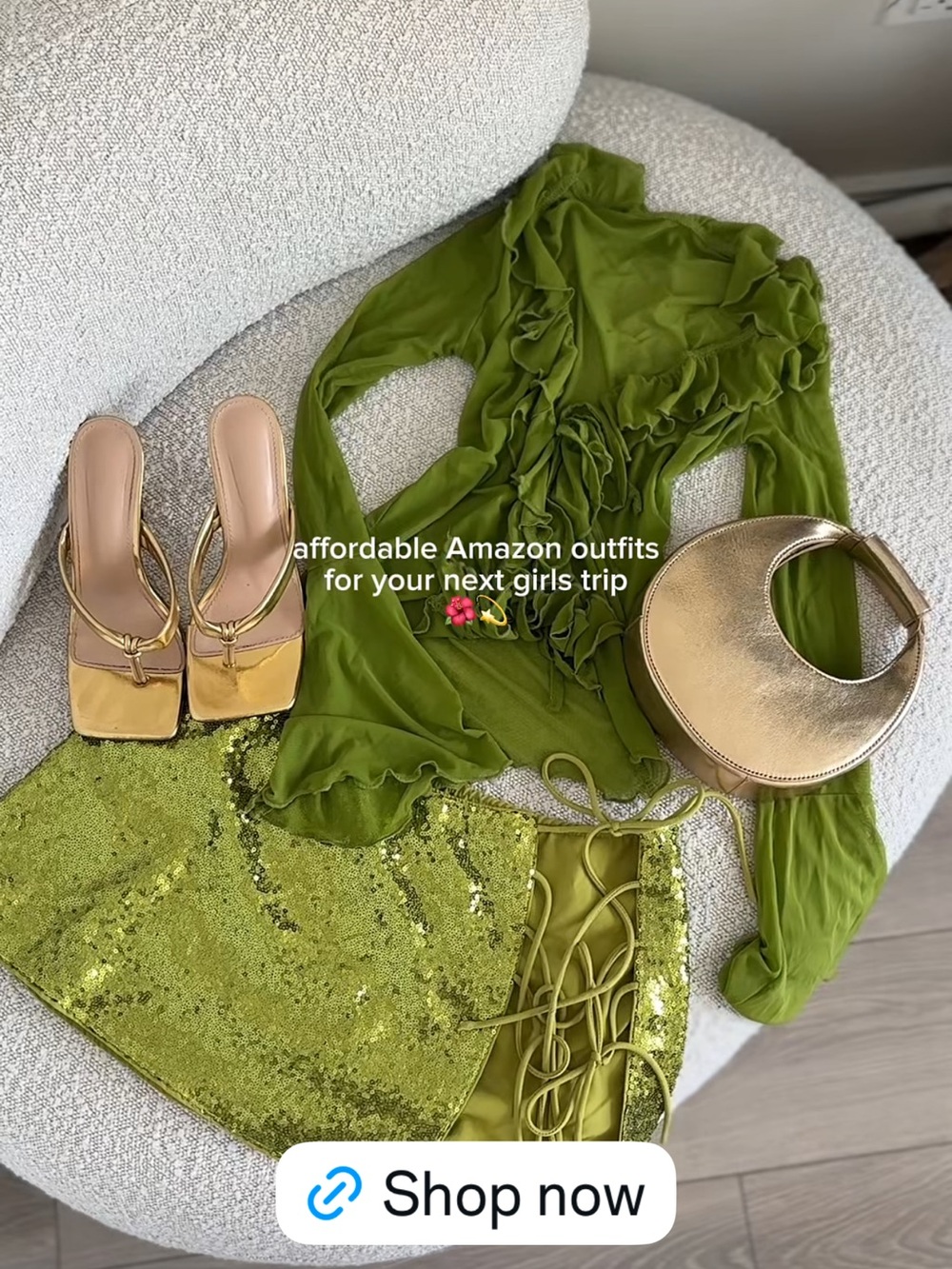 Green Ruffled Blouse and Sequin Skirt Set